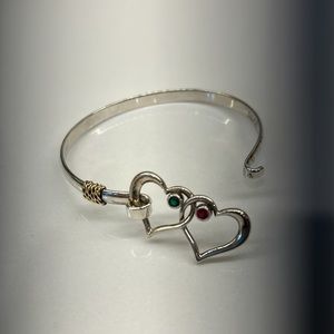 Sterling silver and 14K gold cuff double heart charm bracelet with gemstones